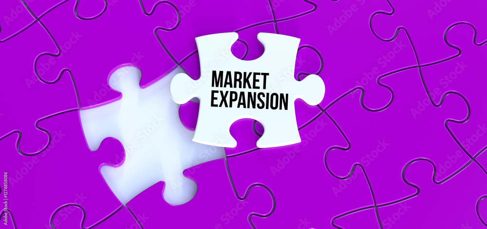 Market Expansion text message on puzzle. White piece puzzle and purple background 3D rendering Market Expansion text message on puzzle. White piece puzzle and purple background 3D rendering