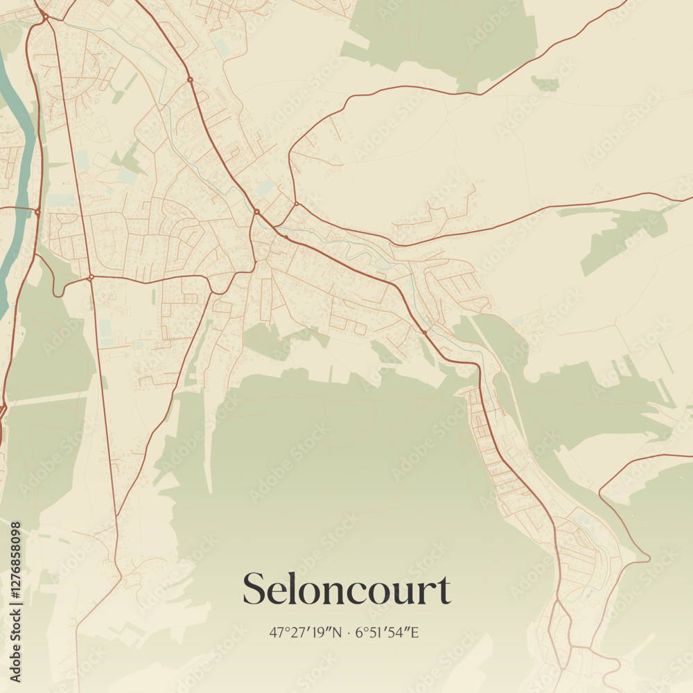 Fototapeta premium Vintage map of Seloncourt, France.