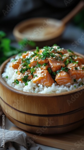 Delicious Salmon Pieces Served on a Bed of Fluffy White Rice With Herbs for a...