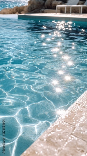Bright Sunlight Reflects off Tranquil Pool Water in a Serene Outdoor Setting ...