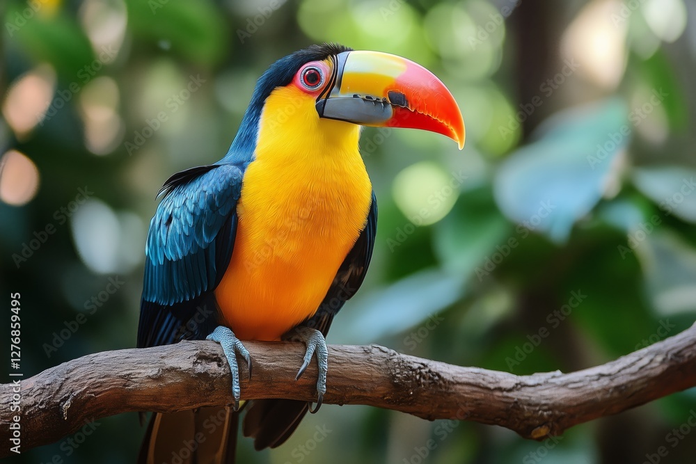 Fototapeta premium Vibrant Bird Perched on Branch Surrounded by Lush Green Foliage in Bright Natural Setting