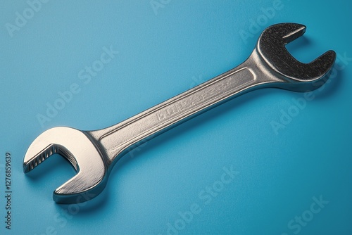 Silver Adjustable Wrench Resting on a Blue Background Showcasing Metallic She...