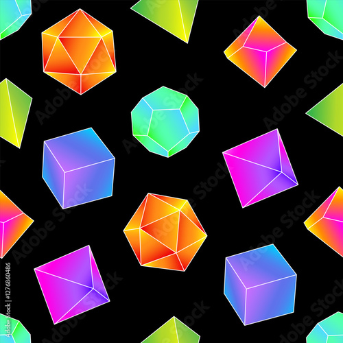 Seamless Pattern of D4, D6, D8, D10, D12, and D20 Dice for Board Games. Vector illustration.