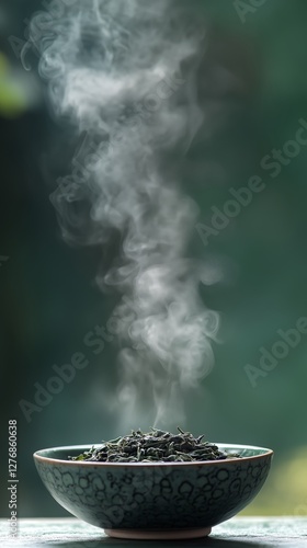 Steam Rises From a Bowl of Loose Green Tea Leaves in a Serene Outdoor Setting