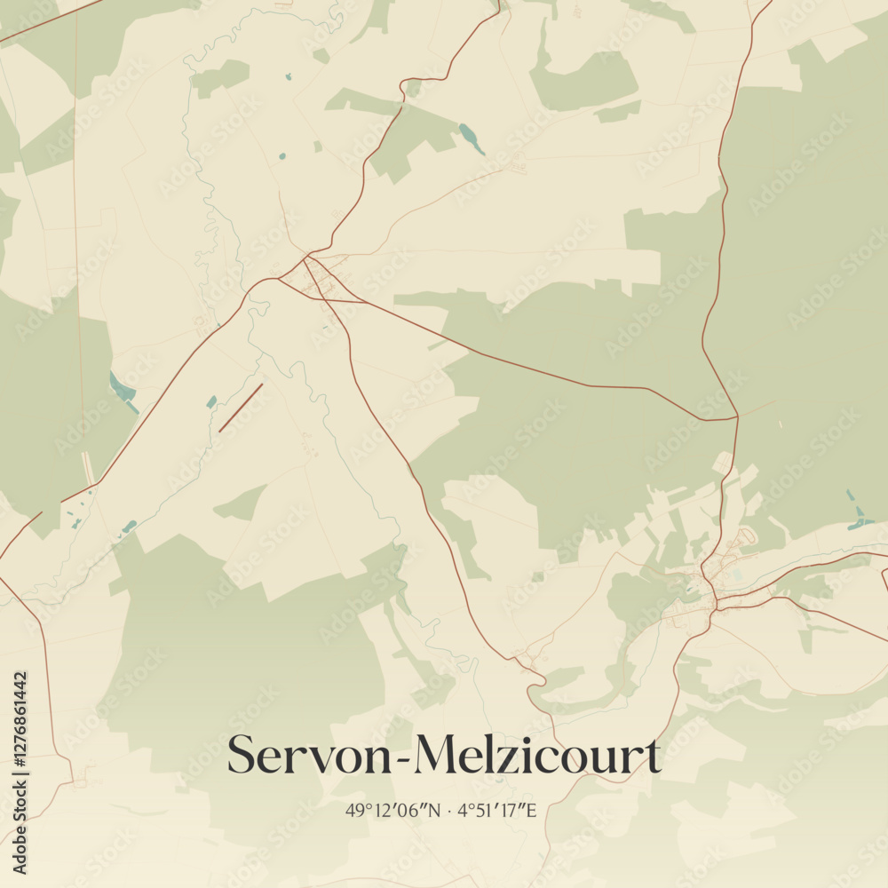 Fototapeta premium Vintage map of Servon-Melzicourt, France.