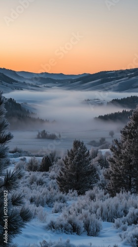 Majestic Winter Landscape With Fog Rolling Over Valley at Dawn