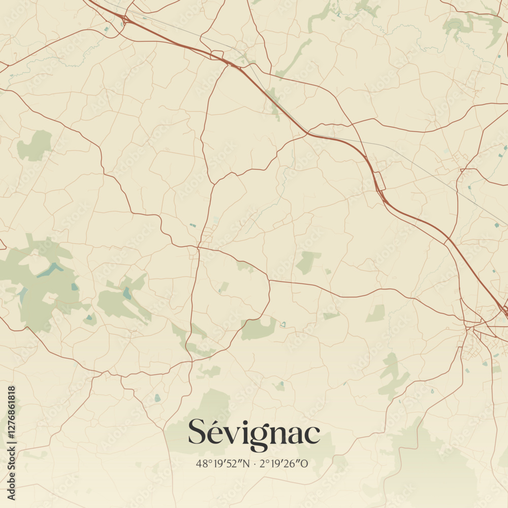 Fototapeta premium Vintage map of Sévignac, France.