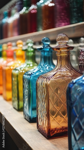 Colorful Glass Bottles Arranged on a Wooden Table Against a Rustic Brick Wall...