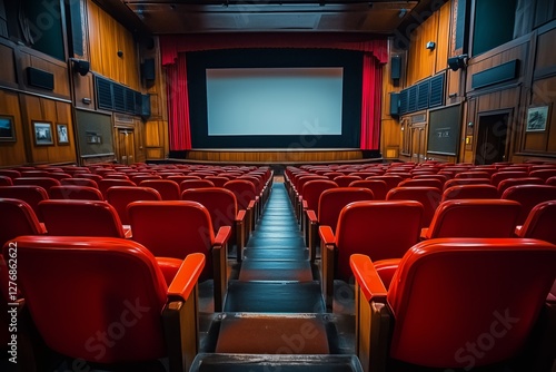 Modern Cinema Auditorium With Empty Red Seats and Large Screen Ready for a Fi...