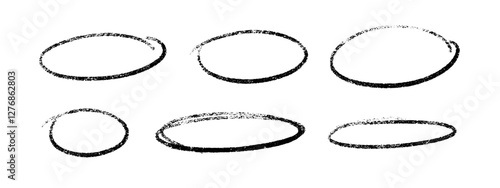 Crayon highlight black oval shapes collection with rough stroke effect. Textured circular frames on white background. Hand drawn grunge elements with uneven edges for emphasis marks, artistic borders.