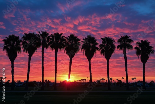Vibrant Sunset Behind Palm Trees Silhouetted Against a Colorful Sky in a Warm...