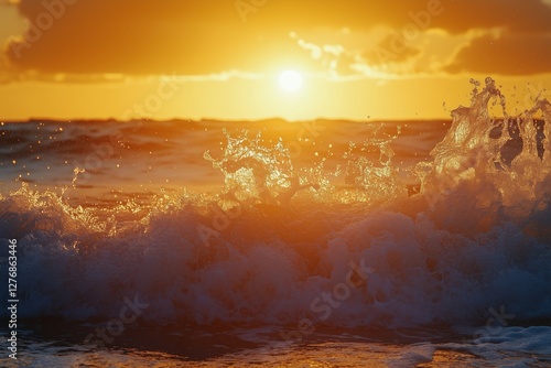 Sunset Waves Create a Shimmering Display Along the Oceans Shoreline During Ev...