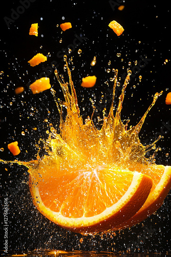 Exploding orange burst, vibrant orange and yellow color palette, juice splashes and orange fragments flying outward photo