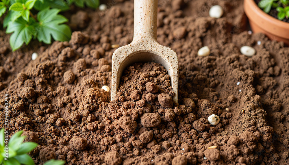 Top-down view of potting soil with trowel in community garden, nurturing nature Top-down view of potting soil with trowel in community garden, nurturing nature
