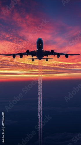 Airplane Flying Over Clouds at Sunset With Colorful Sky in the Background