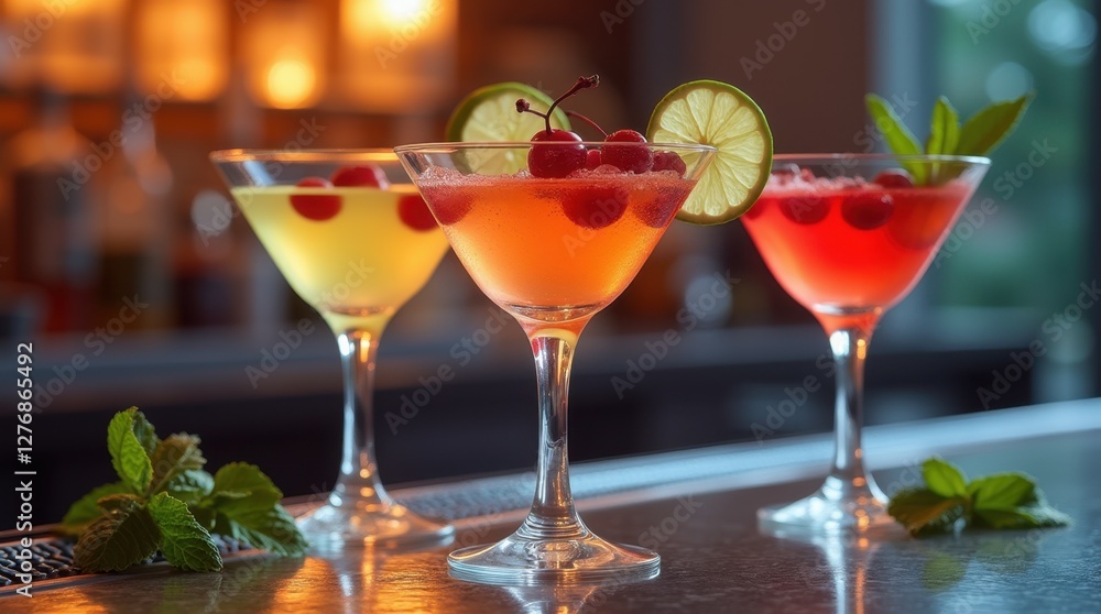 Three Refreshing Martinis with Contrasting Colors and Garnishes Three Refreshing Martinis with Contrasting Colors and Garnishes