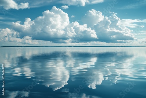 Vast Calm Waters Reflecting Fluffy Clouds Under a Bright Blue Sky