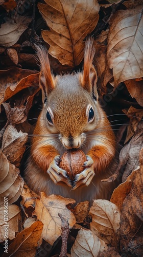 Squirrel Holding Acorn Among Fallen Leaves in a Serene Autumn Park