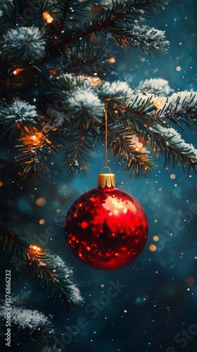 Festive Red Ornament Hanging From a Snowy Tree Branch With Twinkling Lights D...