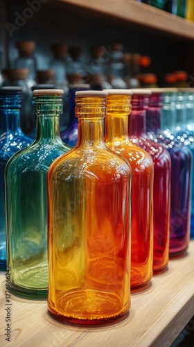 Colorful Glass Bottles Arranged on a Wooden Table Against a Rustic Brick Wall...