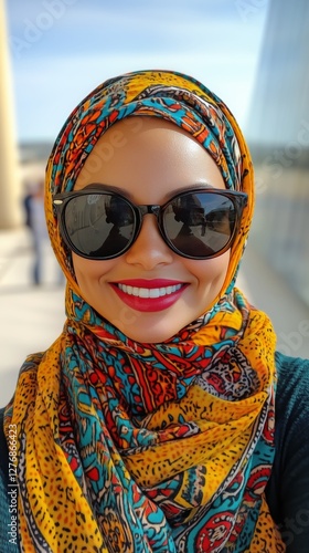 Smiling Woman in Vibrant Scarf and Sunglasses Poses Against a Blurred Background