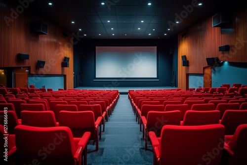 Modern Cinema Auditorium With Empty Red Seats and Large Screen Ready for a Fi...