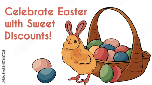 Celebrate, sale, discount Easter card banner with chicken basket of eggs. Hand drawn illustration. Isolate on white background. Posters design party,celebration,ad,sale,invitation  photo