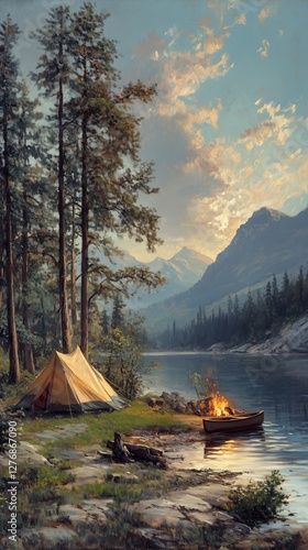 Serenity in Nature by the River With Camping Tent and Canoe at Dusk