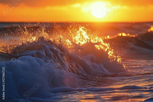 Sunset Waves Create a Shimmering Display Along the Oceans Shoreline During Ev...