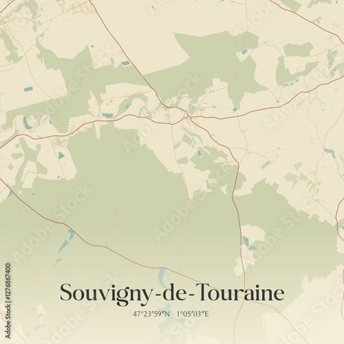 Vintage map of Souvigny-de-Touraine, France.