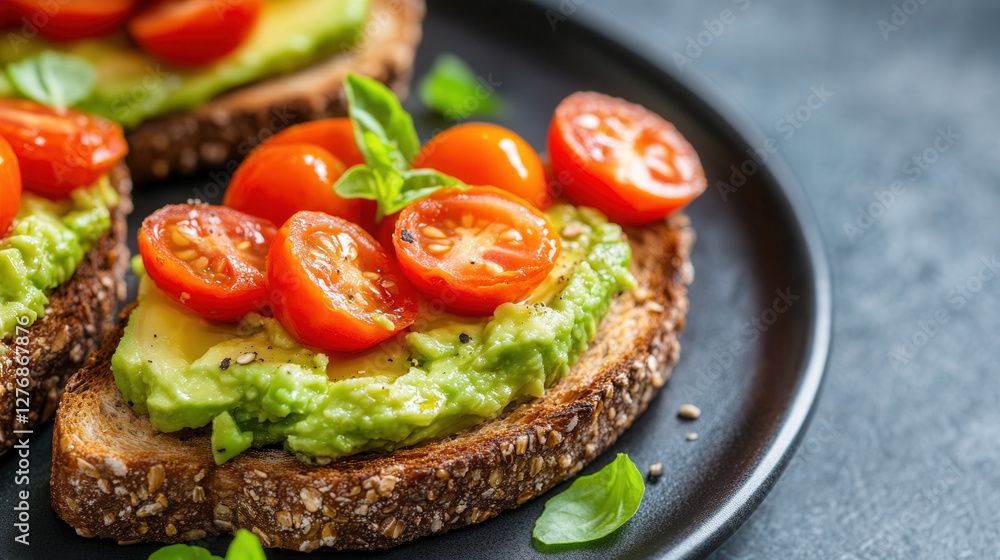 Whole grain toast topped with smashed avocado and cherry tomatoes makes a brain-boosting breakfast that is simple and healthy. Recipe for dishes from avocado, bruschetta, buffet, snack Whole grain toast topped with smashed avocado and cherry tomatoes makes a brain-boosting breakfast that is simple and healthy. Recipe for dishes from avocado, bruschetta, buffet, snack