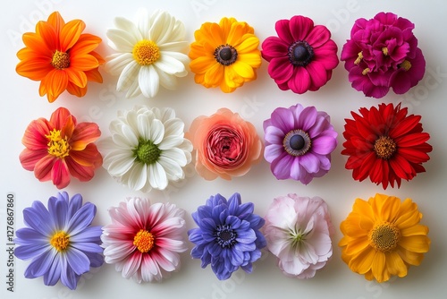 Vibrant Arrangement of Colorful Flowers Showcasing Various Shapes and Hues on...