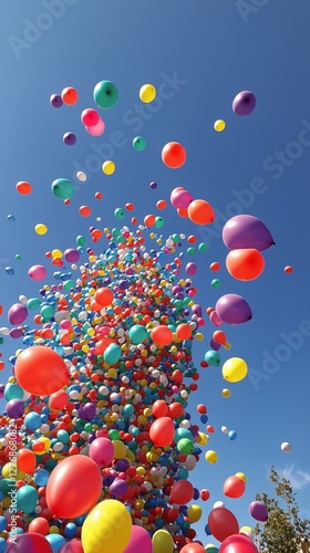 Colorful Balloons Float Under a Clear Blue Sky at an Outdoor Celebration Fill...