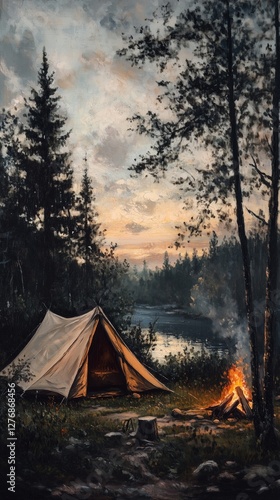 Camping at Sunset by the Serene Lakeside Surrounded by Tall Trees and a Glowi...