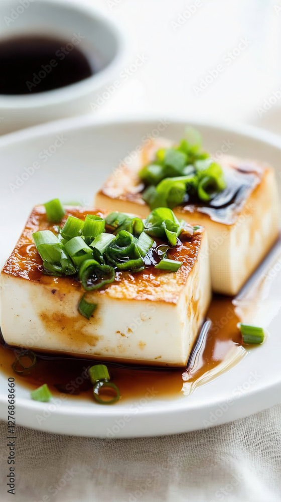 Delicious tofu served with soy sauce and topped with green onions on a white plate ready to enjoy Delicious tofu served with soy sauce and topped with green onions on a white plate ready to enjoy