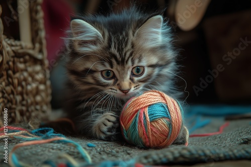 Playful Kitten Joyfully Interacts With Colorful Yarn Ball in Cozy Indoor Setting