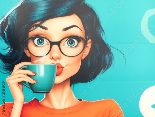 pop art woman sipping tea thoughtful expression