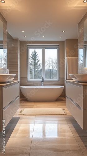 Elegant Modern Bathroom Design Featuring Freestanding Tub and Natural Light F...