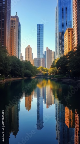 Urban Skyline Reflections Seen in Tranquil Water at Sunset in a Vibrant City ...