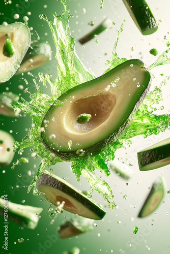 Exploding avacado burst, vibrant green and green color palette, juice splashes and avacado fragments flying outward photo