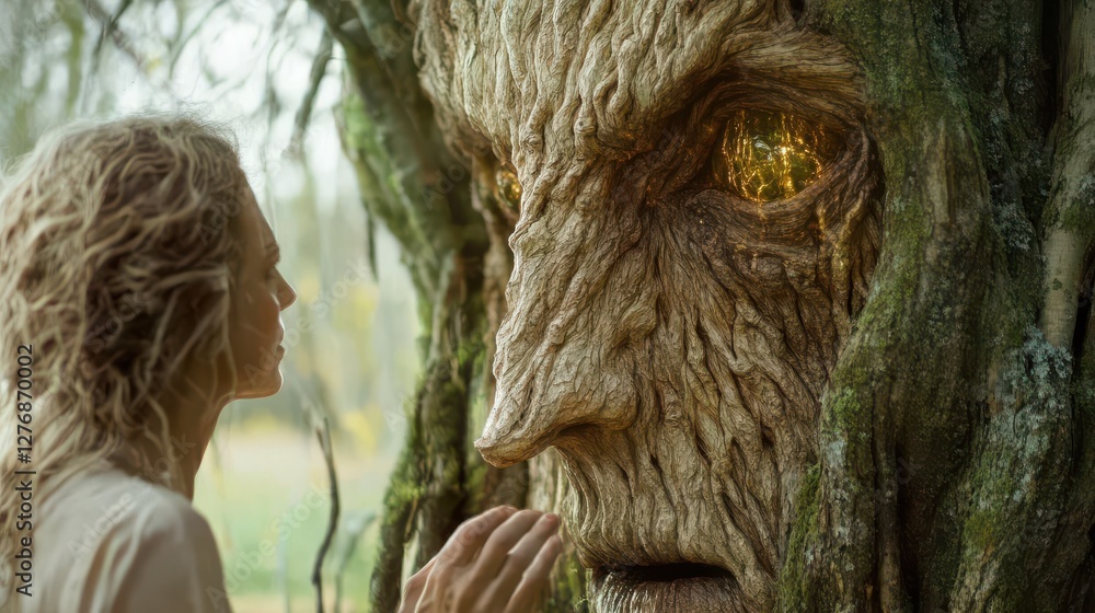 Obraz premium A surreal encounter between a woman and a tree-like figure, blurring the lines between human experience and nature, invoking thoughts of connection and transformation.