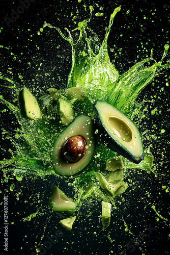 Exploding avacado burst, vibrant green and green color palette, juice splashes and avacado fragments flying outward photo