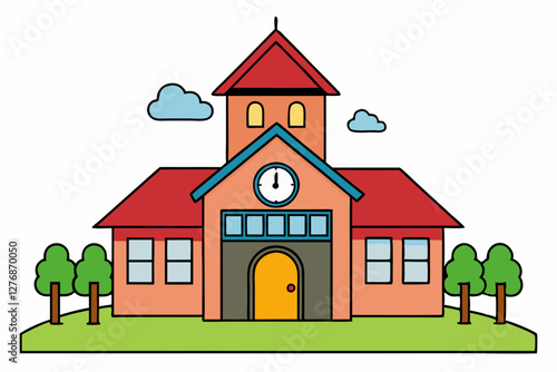 Colorful Illustration of a School with Children Outdoors on a Sunny Day

