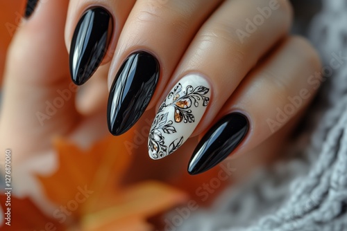 Elegant Black and White Nail Art With Intricate Designs and Embellishments