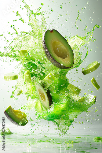 Exploding avacado burst, vibrant green and green color palette, juice splashes and avacado fragments flying outward photo