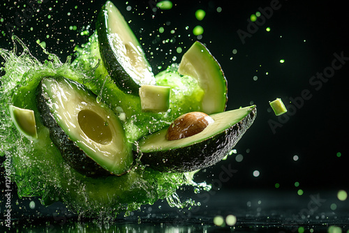 Exploding avacado burst, vibrant green and green color palette, juice splashes and avacado fragments flying outward photo