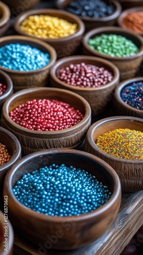 Colorful Assortment of Decorative Beads Arranged in Bowls for Crafting and De...