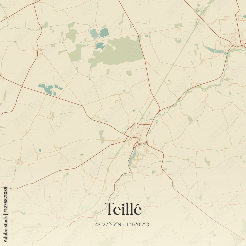 Fototapeta premium Vintage map of Teillé, France.