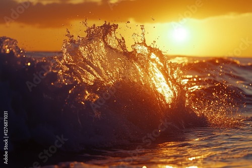 Sunset Waves Create a Shimmering Display Along the Oceans Shoreline During Ev...
