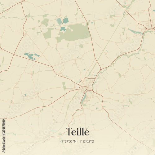 Vintage map of Teillé, France.